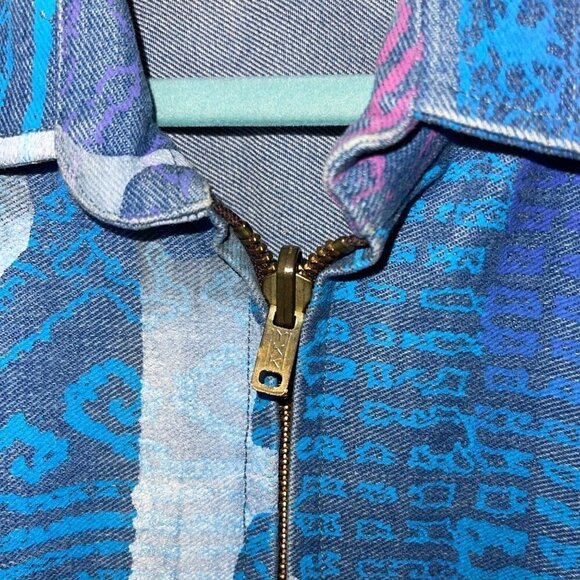 Vintage Womens Denim Bomber Jacket Size Medium Blue Purple Pink Abstract Print - Picture 4 of 14